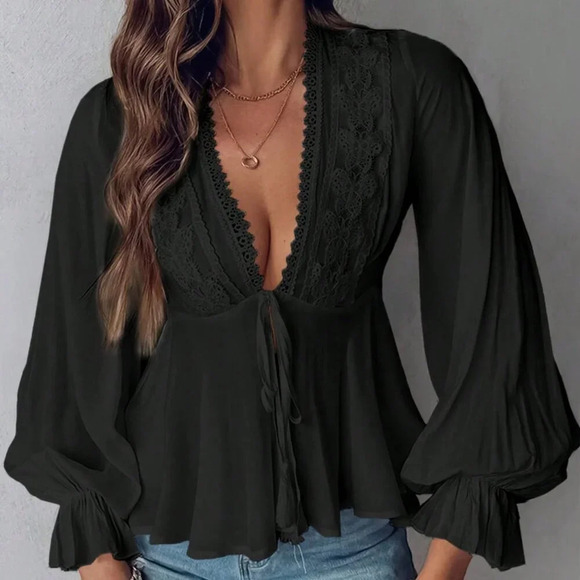 Black Boho Women's Casual Lace Patchwork Ruffle Sleeve Blouse - Picture 1 of 3